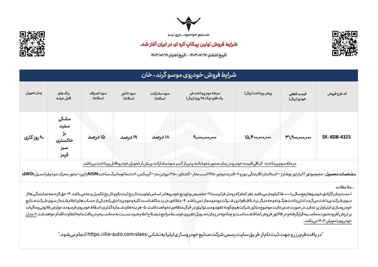 شرایط فروش و قیمت پیکاپ موسو خان مشخص شد